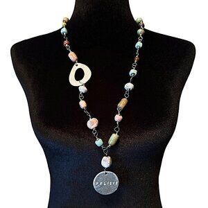 Long Beaded Necklace Believe Pendant Pottery Beads Green Blue Silver Tone